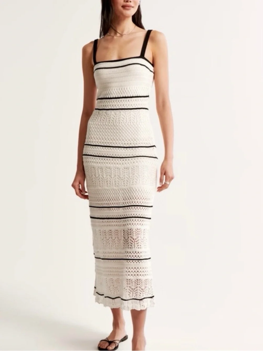 Abercrombie Crochet Knit Maxi Dress Cream Black Trim Boho NWT XXS